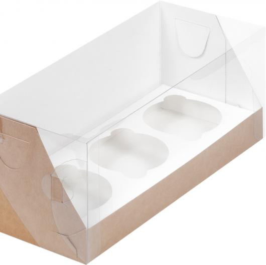 Коробка на 3 капкейка крафт с прозрачной крышкой